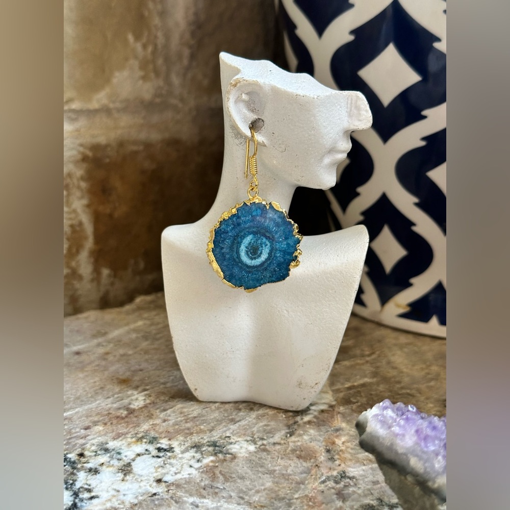 Gold Trimmed Blue Solar Quartz Stone Earrings